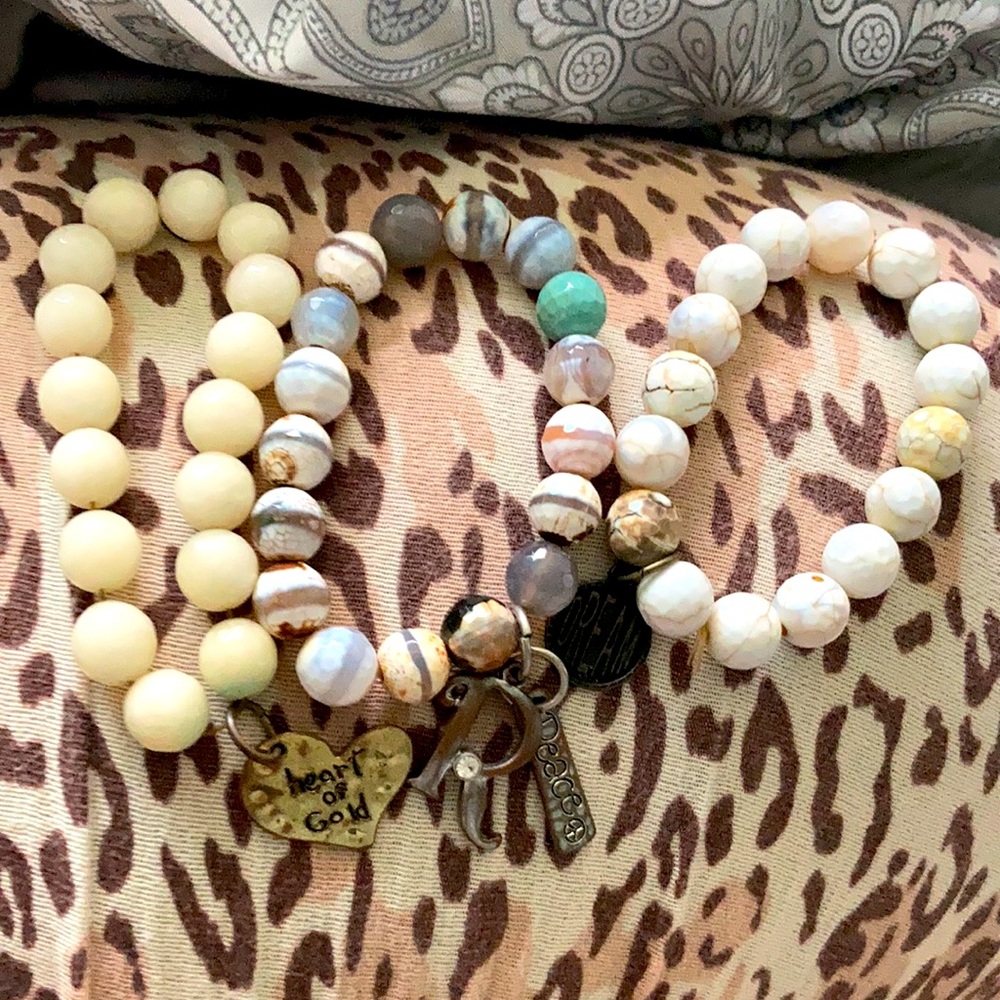 Beaded neutral color stretch bracelets-3 w/charms